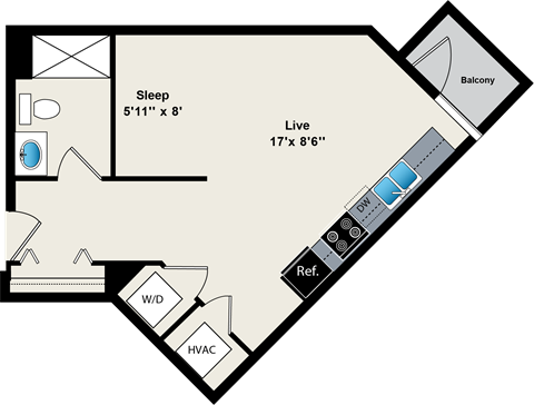 Floor plan for studio, 1 bath, 476 sqft